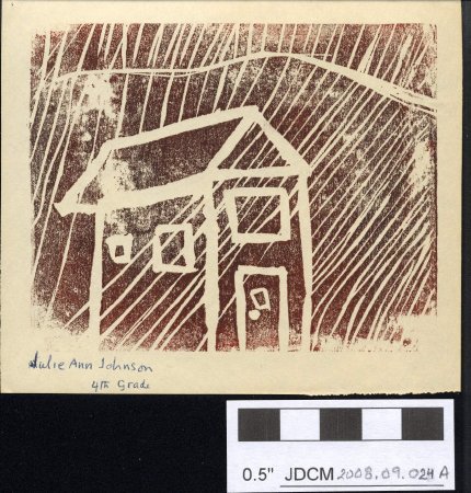 Block print in brown ink of a house by Julie Ann Johnson 1992