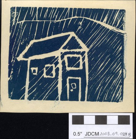 Block print in teal ink of a house by Julie Ann Johnson 1992