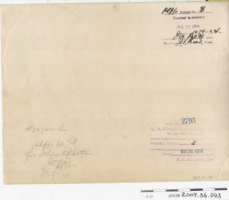 Plffs Exhibit No.3 Received in evidence JUL 23 1914 back