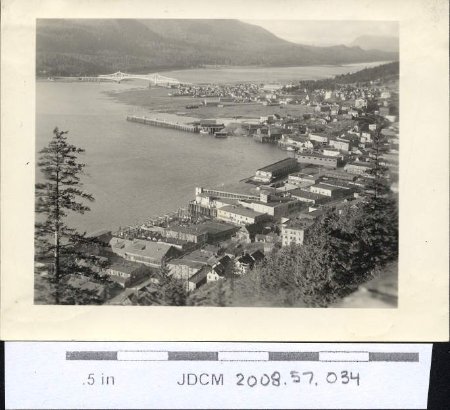 Juneau waterfront and cityscape with Douglas Bridge ~1936