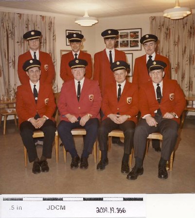 color photo, eight men in dress uniform, Juneau Fire Department