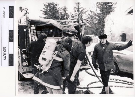 B/W photo, Firefighters and Snow
