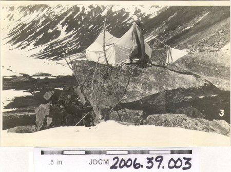 A view of the prospector's camp down the basin, possibly Taku Basin