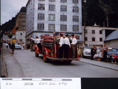 Statehood Parade July 4, 1959 Juneau-Main St. Fireman on Rt. is John Lowell