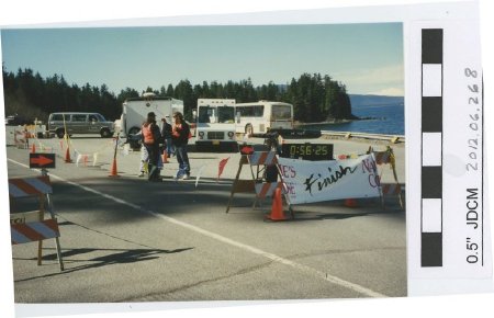 The Ski-to-Sea Race finish line set up at the False Outer Point turn out..