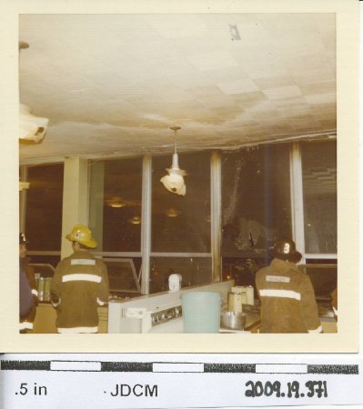color photo, firefighters in classroom