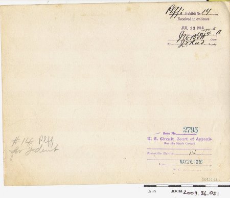 Plffs Exhibit No.14 Received in evidence JUL 23 1914 back