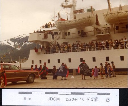 Tlinget Dancers Greeting tourist ship 1977