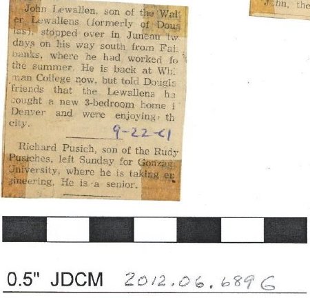 Newspaper item on John Lewallen 9-22-1961