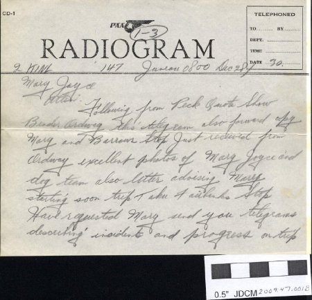 1935 Radiogram to  Mary Joyce from Bob Ellis pg1