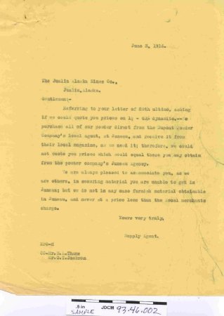 Jualin Alaska Mines Co. Correspondence re: supplies 1916