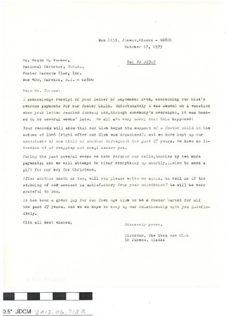 A letter to  Foster Parents Plan fromTeen Age Club 10-17-73