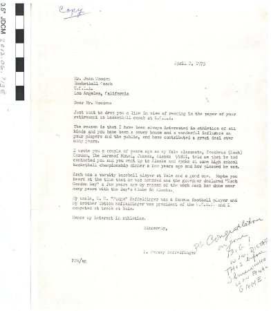 Letter to John Wooden from F. P. Heffelfinger 4-2-1975