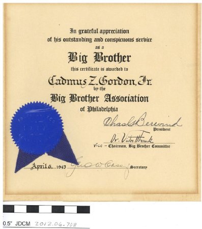 Big Brother Association of Philadelphis certificate for C.Z. Gordon 1943