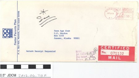 Foster Parents Plan envelope addressed to Teen Age Club 9-14-73