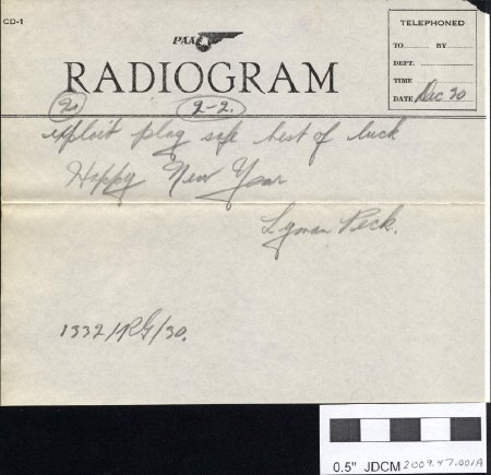 1935 Radiogram to  Mary Joyce from Lyman Peck p2