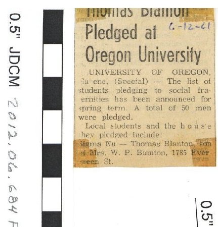 Thomas Blanton Pledged at Oregon University 6/1961