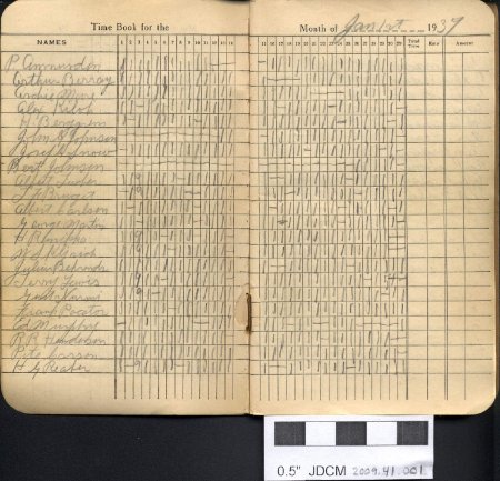 AJ Mine Monthly Time Book 1/1/1937 to July 31, 1938  Workers list