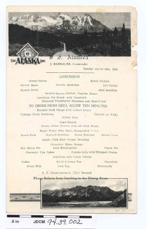 Lunch Menu, SS Alameda, Alaska