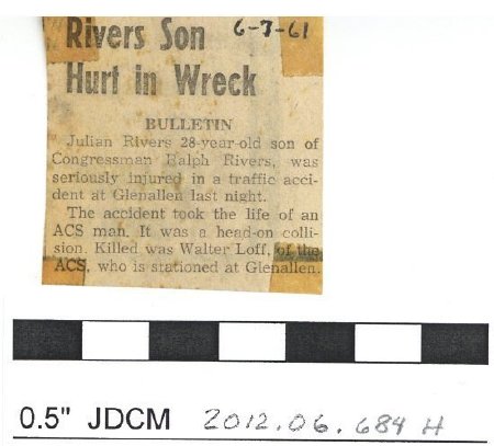 Rivers Son Hurt in Wreck 6/1961