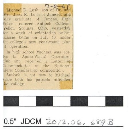Newspaper item on Michael D. Lesh 7/1961