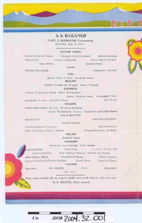 Color Dinner Menu, SS Baranof