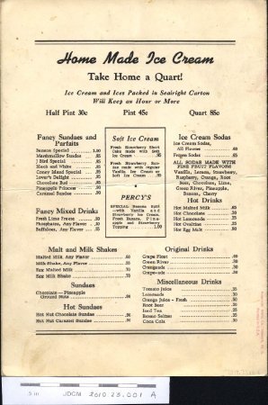 Percy's Cafe Menu Juneau, Alaska ~1967  back