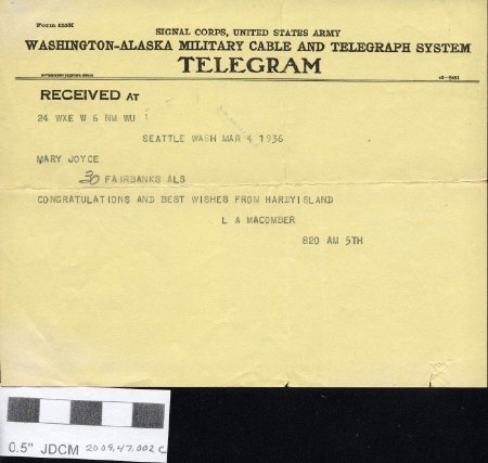 Telegram to Mary Joyce from LA Macomber Mar 4 1936 dog sledding