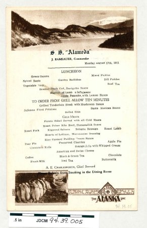 Luncheon Menu, SS Alameda, Ala