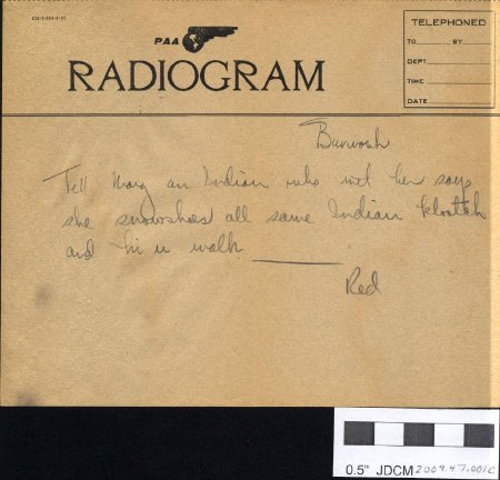 1935-36 Radiogram to  Mary Joyce from Red Wendell