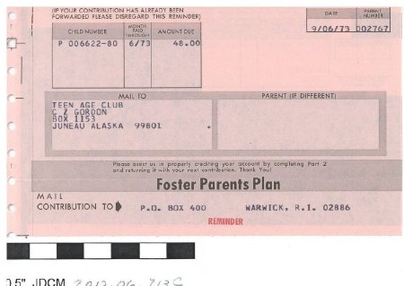 Foster Parents Plan form to Teen Age Club 9-6-73