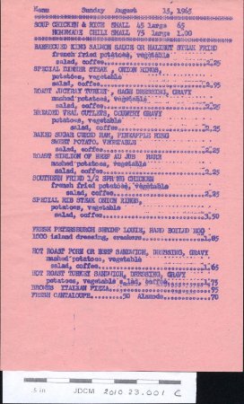 Percy's Cafe Menu Juneau, Alaska  August 15, 1965