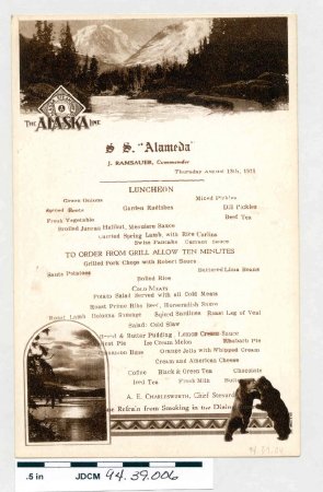 Luncheon Menu, SS Alameda, Ala