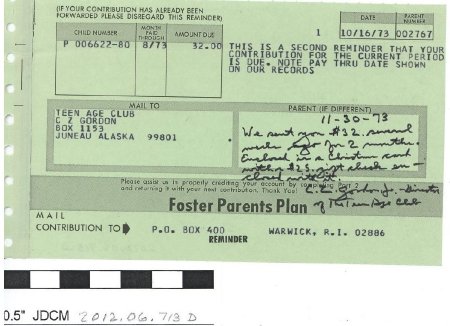 Foster Parents Plan form to Teen Age Club 10-16-73