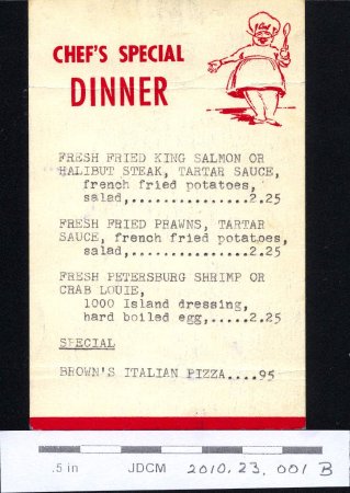 Percy's Cafe Chef's Special Dinner Juneau, Alaska ~1960's