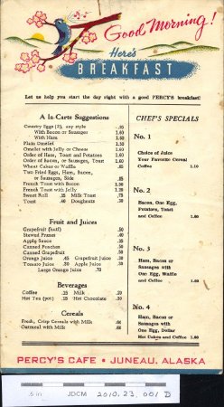 Percy's Cafe Breakfast Menu Juneau, Alaska ~1965