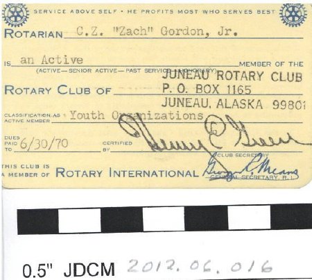 Juneau Rotary Club identification card for 