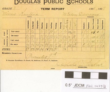 Douglas Public Schools for Minnie Knutson, grade 8, 1908, 1909.