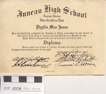 A replica of a high school diploma for 1938