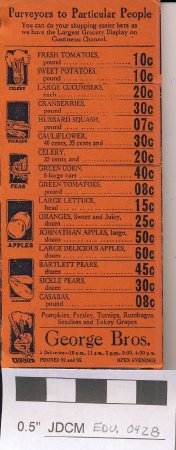 A price list for vegetables from George Bros. grocery store.
