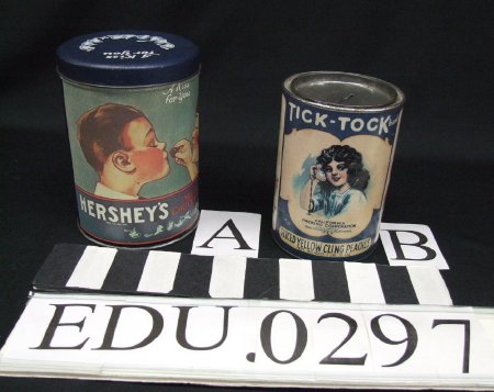 Tin food containers- Hershey's Kisses and Peaches