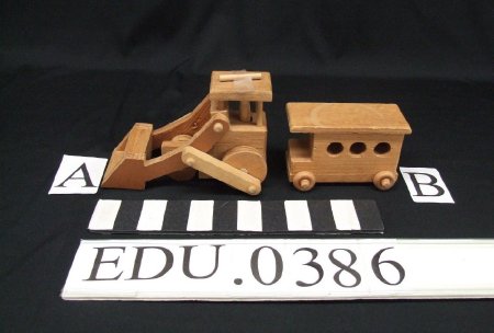 Toy wood bulldozer and bus